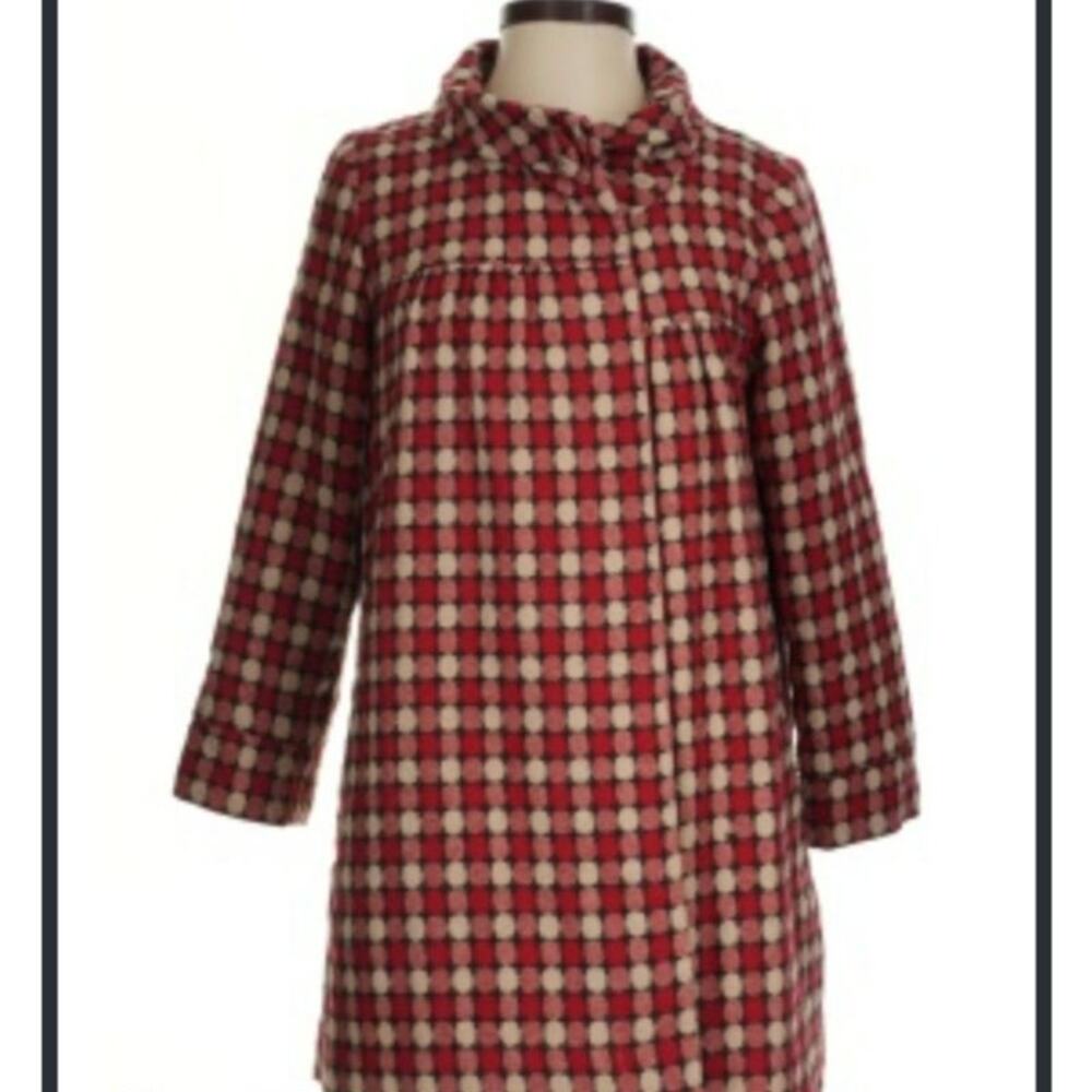 Hazel Anthropologie Red Cream Plaid Wool Blend Swing Coat Jacket Button M